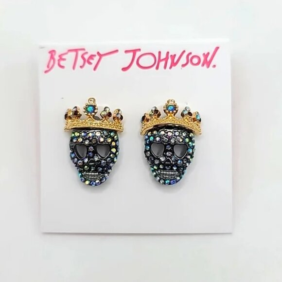 CLEARANCE Betsey Johnson Crystal Skull Crown Halloween Studs - Picture 1 of 3